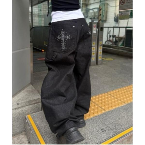 ワイドパンツ ジーンズ デニム デニムパンツ クロスラインストーン バックポケット バギーデニム レ...
