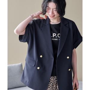 ジャケット テーラードジャケット 接触冷感/UVカット LINEN TOUCH ダブルブレスト半袖ジャケット/リネンタッチ ジャケット レディース