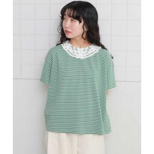 tシャツ バテンレース襟のボーダーTシャツ レディース