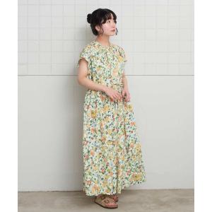 ワンピース 夏のフルーツプリント　フレンチギャザーワンピース