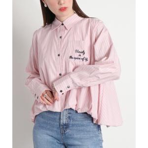 ブラウス シャツ ロゴ刺繍バルーンシルエットストライプシャツ レディース