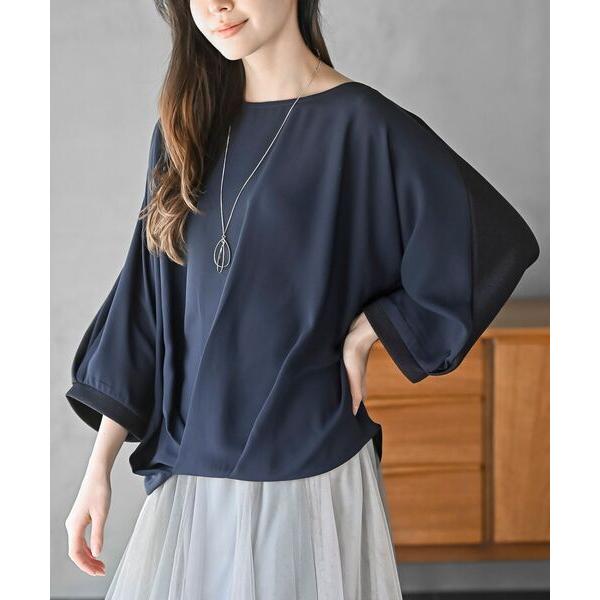 ブラウス シャツ ネックレス付き異素材切替裾タックプルオーバー レディース