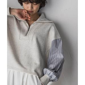 tシャツ ストライプスリーブハーフジッププルオーバー「手洗い可能」 レディース