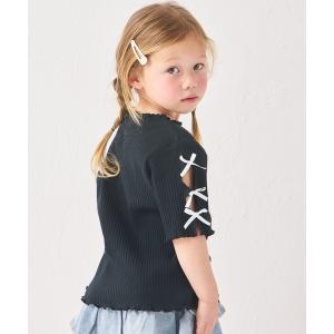 tシャツ 「リンクコーデ」「リブコットン100」ガールズ 袖リボン テレコ半袖Tシャツ キッズ 子供服 女の子