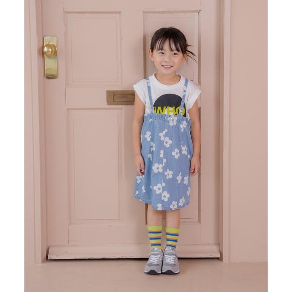 ジャンパースカート 花柄抜染デニムジャンスカ80〜140cm キッズ 子供服 女の子