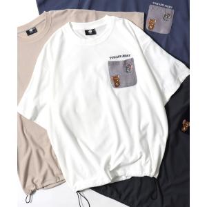 tシャツ Tom＆Jerry/トムとジェリー 梨地 オーバーサイズ ワンポイント刺繍 ニットポケット ドローコード 半袖Tシャツ レディース メンズ