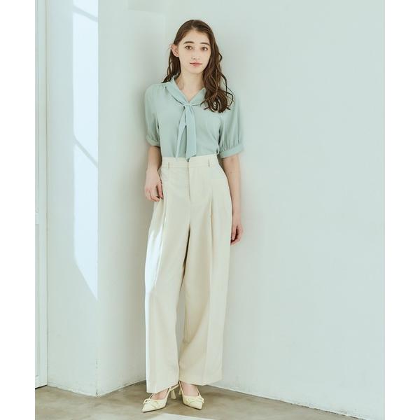 パンツ ウォッシャブルリネンライクウエストデザインストレートパンツ レディース