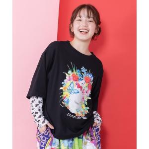 tシャツ 161635：花ネコ柄チュール切替ロングスリーブTシャツ レディース