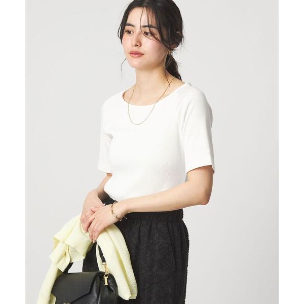 tシャツ 半袖 ブライトリブ ボートネック 5分袖 プルオーバー カットソー レディース