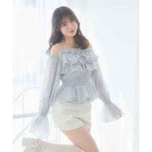 ブラウス シャツ チェーン付きシアーフリルブラウス レディース