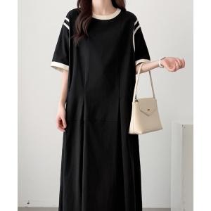 ワンピース ウエストタック配色パイピングワンピース