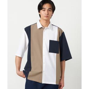 シャツ ウールライク ショートポイントカラー ブロッキング 5分袖シャツ メンズ