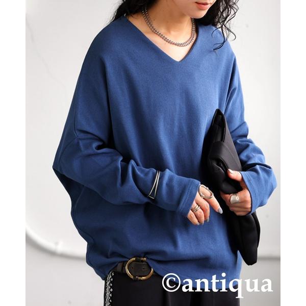 「antiqua」 長袖カットソー V ブルー レディース