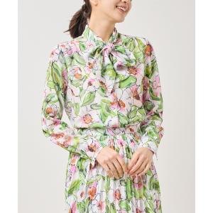 ブラウス シャツ 「NARACAMICIE」「セットアップ対応」ラインフラワー柄ボウタイ長袖ブラウス レディース