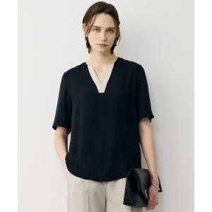 ブラウス シャツ BackSatinAmunzen 5分袖Vネック配色ブラウス レディース