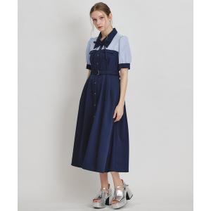 ワンピース コントラストカラーシャツフレアロングワンピース