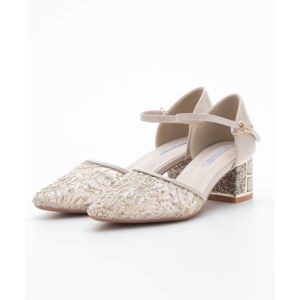 パンプス 卒業式 「Cupid Heart」結婚式用！レース×スパンコール　チャンキーヒールパンプス