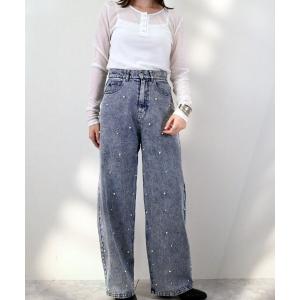 ジーンズ デニム デニムパンツ 10oz パールスタッズデニム付きストレートデニム レディース