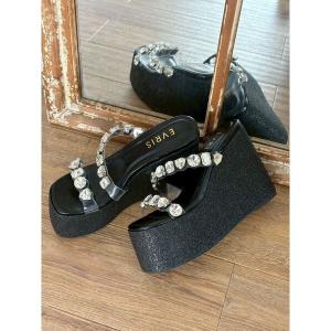 サンダル 厚底ビジュープラットフォームサンダル レディース