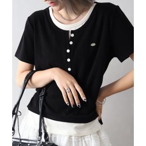 ヘンリーネック tシャツ 半袖 「1枚でおしゃれ完成/時短」配色ヘンリーフェイクレイヤードトップス レディース