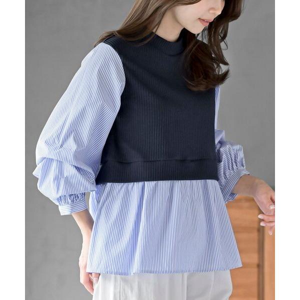 ブラウス シャツ 変形タックスリーブ衿付きドッキングブラウス レディース