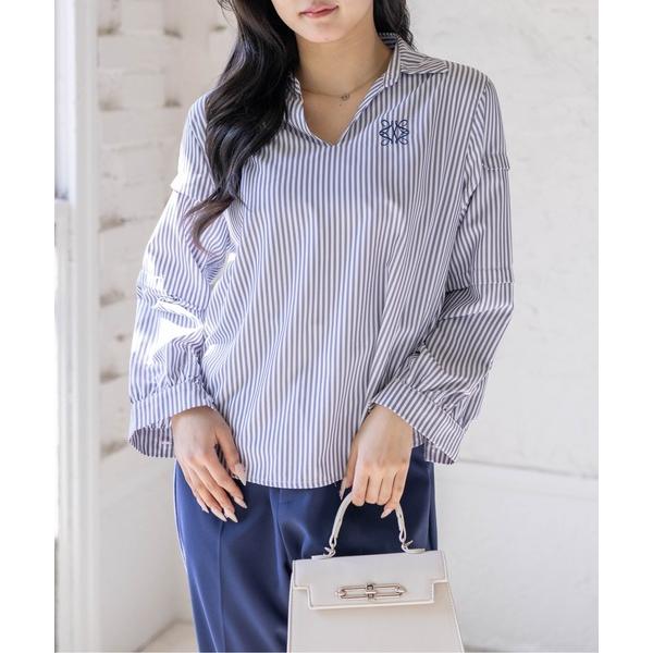 ブラウス シャツ ワンポイント刺繍袖タックストライプシャツ「オフィスカジュアル 着回し抜群 大人」 ...