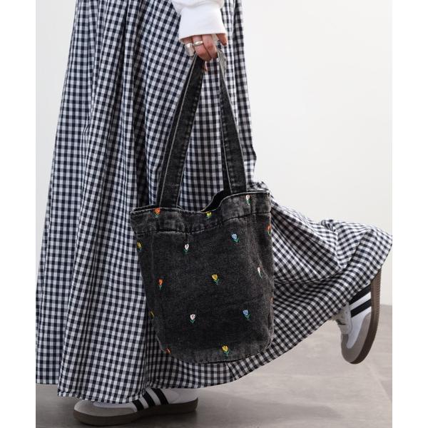 トートバッグ チューリップ刺繍デニムトートバッグ レディース