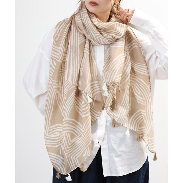 ストール マフラー 幾何学ライン幾何柄タッセル付ストール レディース