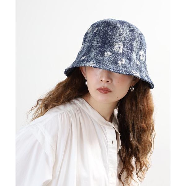 帽子 ハット 花スパンコールデニムバケットハット レディース