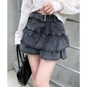 スカート ベルト付デニムフリルミニスカパン