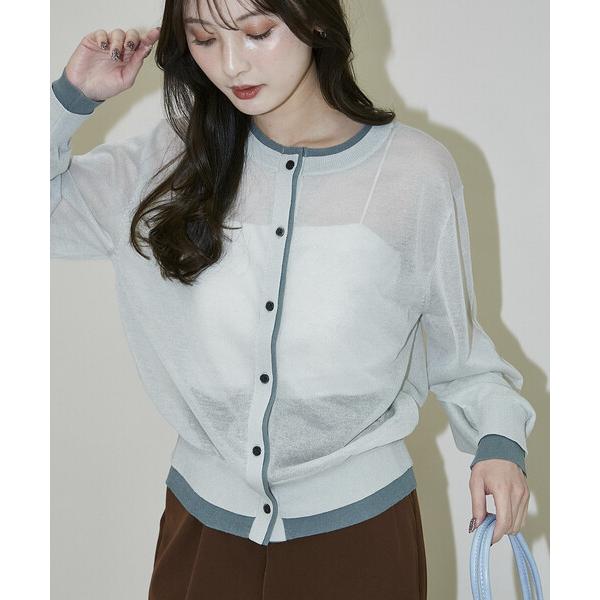 カーディガン PUBLUX/パブリュクス ウォッシャブル リネン 配色 シアー ニットカーディガン　...