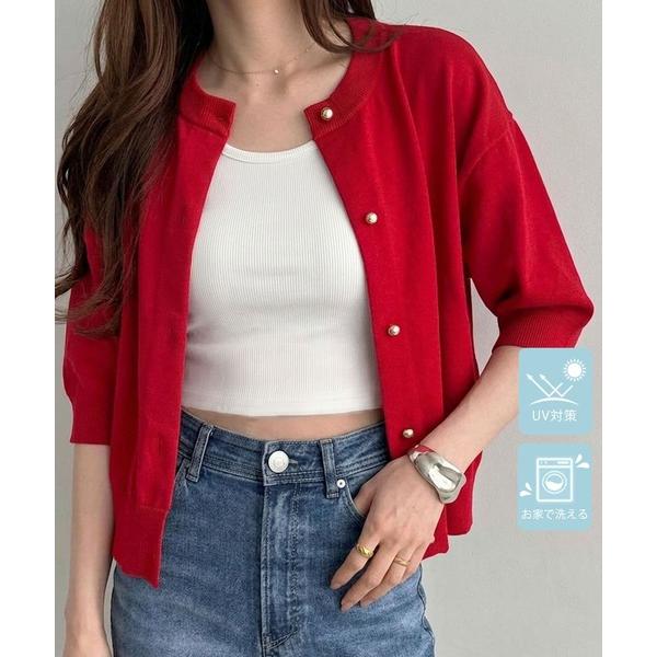 カーディガン uvカット 半袖 「UV対策/ウォッシャブル」メタルボタンスポンディッシュカーディガン...