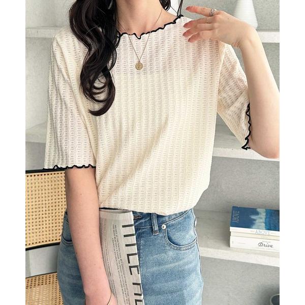 tシャツ 透けすぎず、上品に肌見せ。配色メロー５分袖表面感カットソー レディース