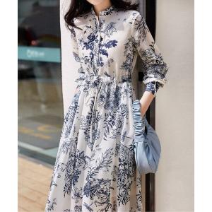 ワンピース スタンドネックフラワーワンピース