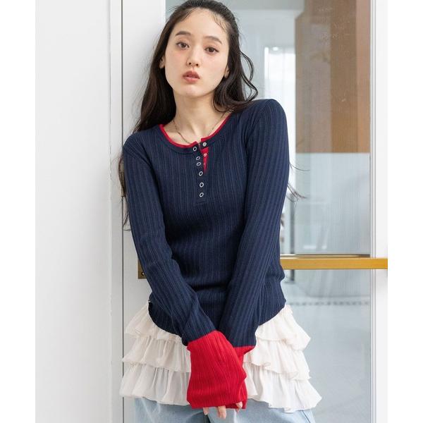 ニット セーター バイカラーヘンリーニット レディース