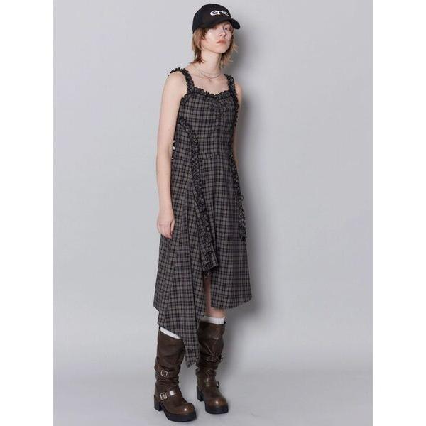 ワンピース テープフリルアシンメトリーマキシワンピース