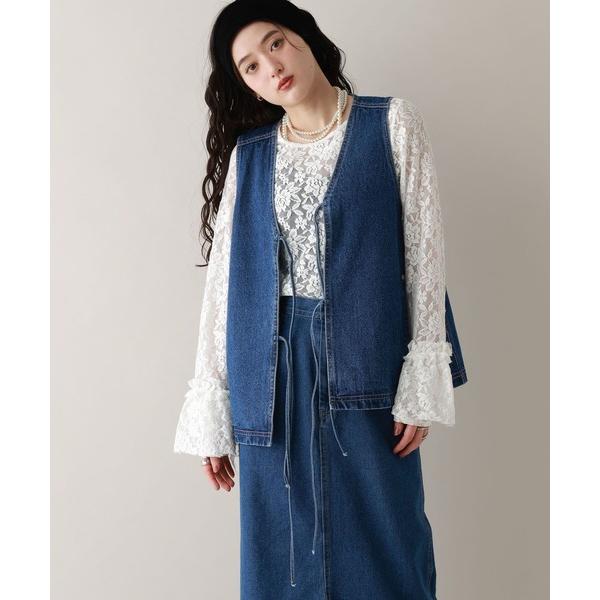 ベスト ジレ ステッチデザイン/フロントリボンデニムベスト/セットアップ対応 レディース