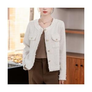 コート アウター ゴールドボタンフリンジツイードジャケット レディース