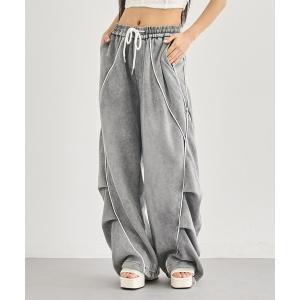 パンツ ウォッシュ加工 カーブライン タック スウェットパンツ レディース