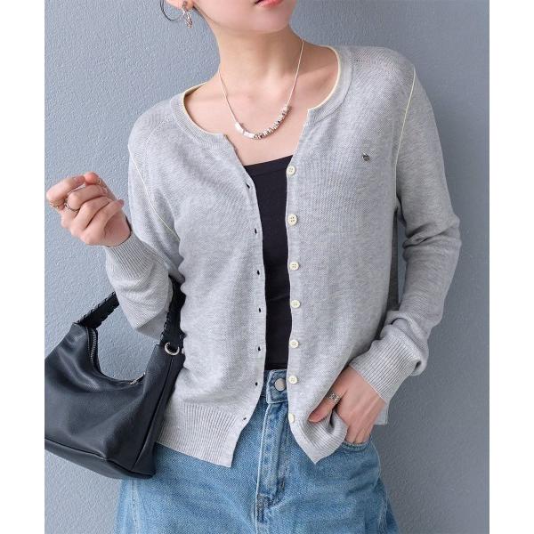 カーディガン ワンポイントプレート付き 配色パイピング シアーニットカーディガン レディース