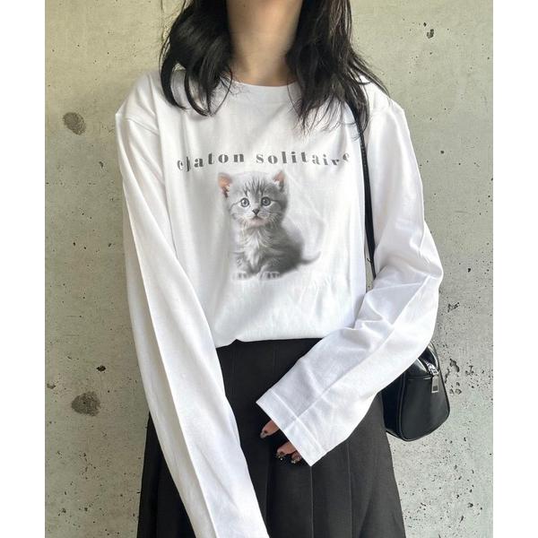 tシャツ キャットプリントデザインロンT／長袖Tシャツ レディース