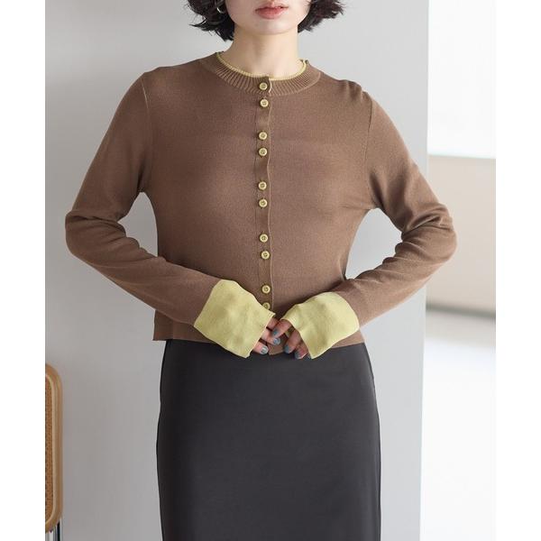 カーディガン リネンライク　バイカラーシアーニットカーディガン レディース