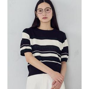 ニット セーター マルチボーダー 地柄五分袖ニット レディース