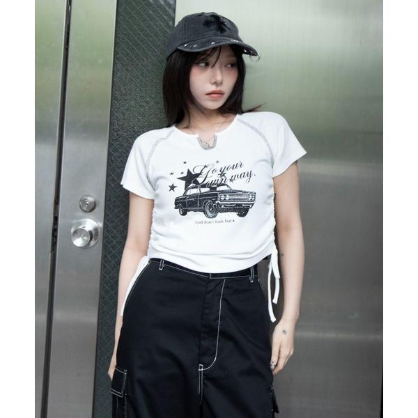 tシャツ 半袖 WEGO/「26年春新作」キーネックサイドレースアップちびT レディース