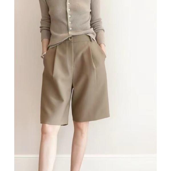 スラックス パンツ ワイドシルエットハイウエストタックハーフパンツ レディース