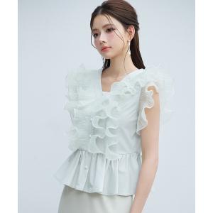ブラウス シャツ 「新作登場」レーディス ブラウス 前後Vネック ペプラム フリル パールボタン 上品　綺麗、大人可愛い レディース