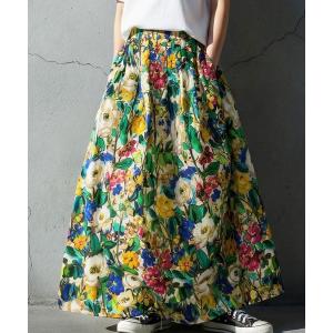 スカート 綿100 総花柄 フレア ロング スカート