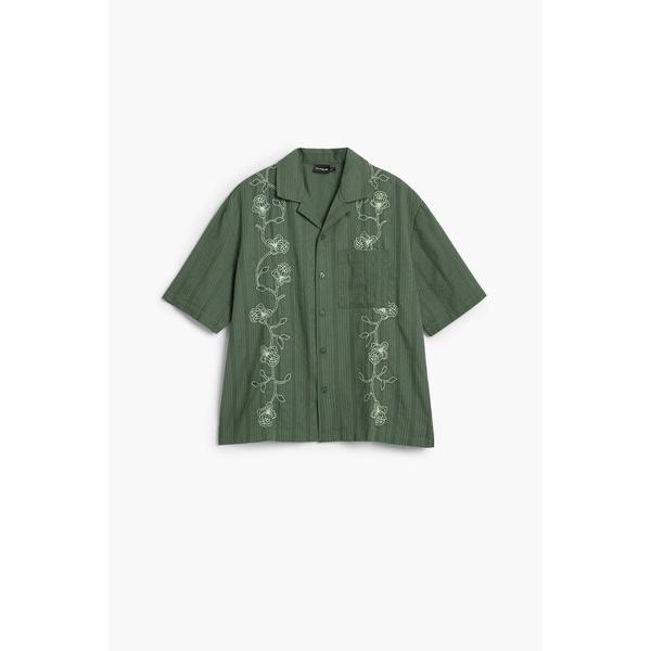 シャツ フローラル刺繍 オープンカラー 半袖シャツ メンズ