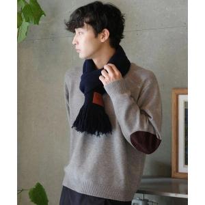 エルボーパッチ ニット 丸首 セーター 長袖 トップス メンズ