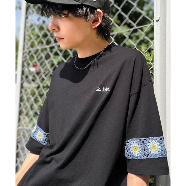 tシャツ 「JaVaジャバコラボ」袖先に遊びと清涼感を。袖クロシェ編み 配色切り替えデザインTシャツ...